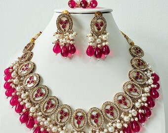 Indian Bridal Necklace Set with Earrings and Tikka, Traditional Red Kundan Jewelry