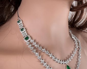 Green double layer American diamond imitation necklace set