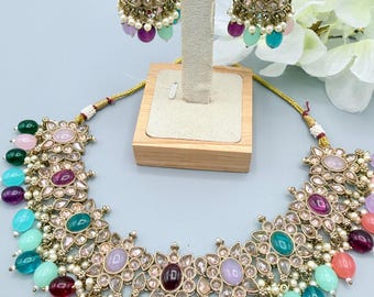 Multi Indian Imitation Necklace Set with Earrings and Tikka, South Indian Temple Jewelry