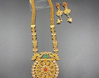 South Indian long temple necklace set with earrings/ indian jewelry/ gold necklace/ long mala/ mangalsutra/ temple jewelry/ purnishajewels