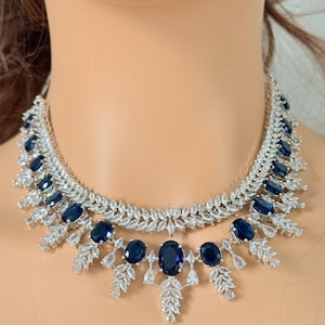 Parure de collier imitation diamant américain double épaisseur bleu roi