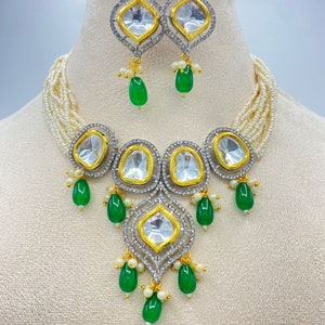 Kundan Choker Necklace Set: Green Indian Earrings, Bollywood Jewelry