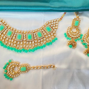 mint green kundan choker necklace with matching earrings