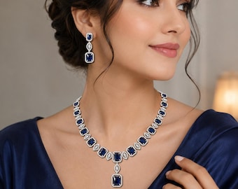 Conjunto de collar y pendientes con colgante de diamante americano azul