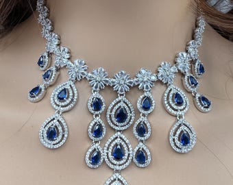 Blue American Diamond Necklace Set with Earrings and Tikka | CZ Bridal Jewelry for Women