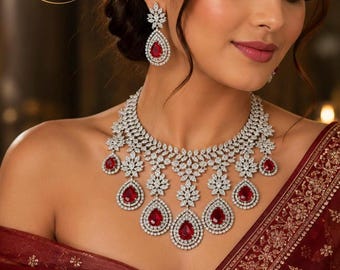 Halsband med röda amerikanska diamanter och matchande örhängen, smycken med cz-detaljer