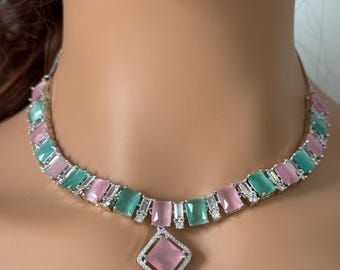 Pink Mint American Diamond Necklace Set with Matching Earrings, CZ Jewelry