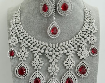 Red American Diamond Necklace Set with Matching Earrings, CZ Statement Jewelry