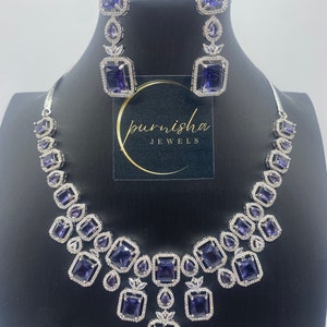 Purple engagement american diamond necklace set/ bollywood jewelry/ ad necklace set