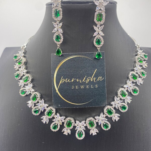 Emerald green Cz diamond necklace set, Indian Pakistani wedding jewelry, engagement jewelry, gift for her, anniversary gift, Cz jewelry