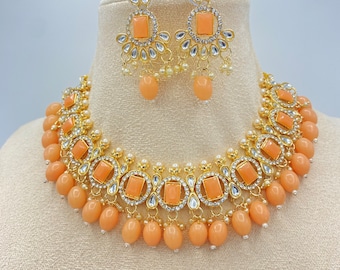 indian pakistani punjabi asian party peach beads necklace set, indian jewelry, pakistani jewelry, indian wedding jewelry, bridal jewelry