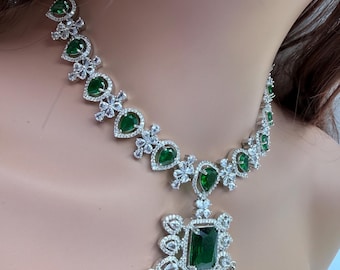 Emerald Cubic Zirconia Necklace Set, Silver American Diamond Style Jewelry with Earrings
