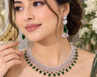 Green American diamond necklace with earrings