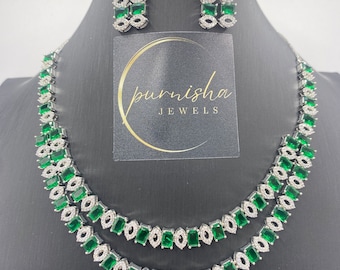 Emerald Green CZ Necklace Set with Matching Earrings, Diamond Jewelry