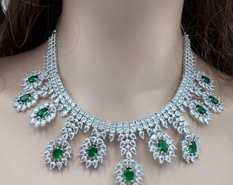 Emerald Cubic Zirconia Necklace Set, Indian jewelry, Wedding Jewelry, ad jewelry, green necklace