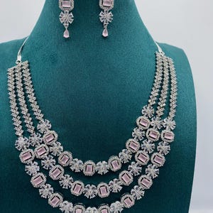 American Diamond 3-Layer Necklace Set: Baby Pink CZ Bridal Jewelry