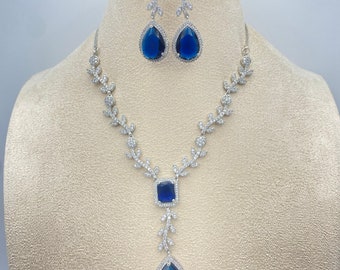 Blue Doublet Stone Pendant Necklace, CZ jewelry, Indian jewellery, ad necklace