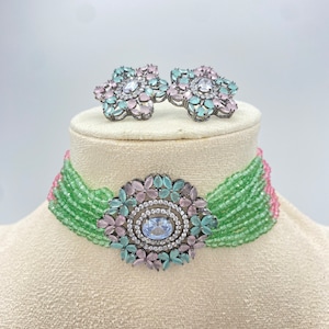 Nuovo design in stile Bollywood con collana girocollo in cz e borchie, girocollo con perline idroelettriche, gioielli indiani, collana girocollo in cz, collana indiana