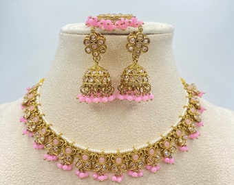 Pink reverse ad Indian necklace choker set with jhumki