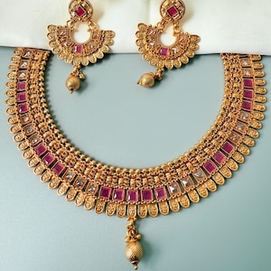 Gold Plated Indian Bridal Necklace & Earrings: Polki Style Jewelry