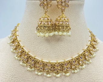 Antique gold polki necklace set in white pearl, Indian jewelry, high quality polki necklace