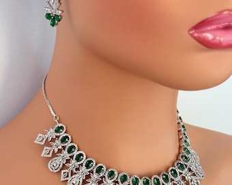 Emerald Green American diamond Necklace Set/ American Diamond necklace/ bridesmaids jewelry