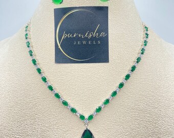 Green CZ Teardrop Pendant Necklace Set/ American Diamond Style necklace/ emerald jewelry