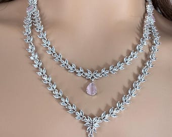 pink double layer American diamond necklace set
