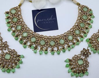 Mint green polki stone necklace set/ antique gold kundan necklace/ Indian jewellery/ punjabi necklace