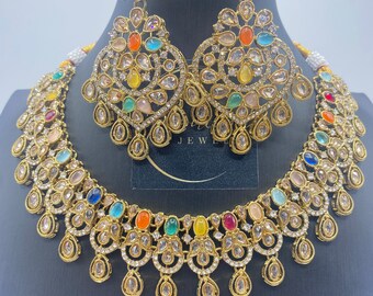 Antique Gold Choker bridalNecklace, Reverse AD Indian bridal Jewelry