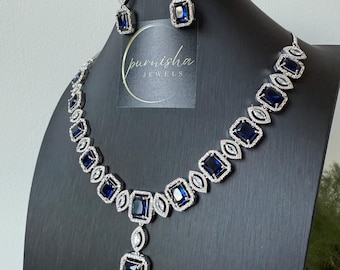 Blue American Diamond pendant Necklace Set with Earrings