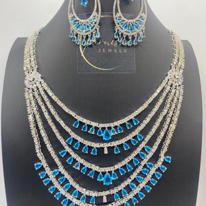 Ensemble de colliers de mariée bleu ciel avec zircons cubiques