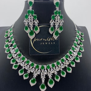 Emerald Green American Diamond Necklace Set: Indian Bridal Jewelry