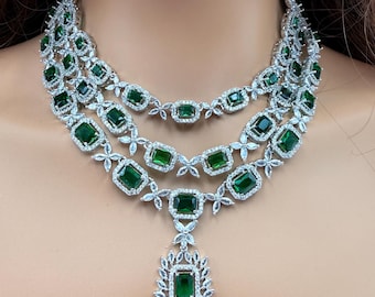 Multi Layered Emerald CZ Diamond Necklace Set with Matching Earrings