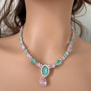 Mint pink simple thin American diamond necklace set with matching earrings/ cz necklace set/ cubic zirconium