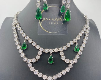 Emerald Green CZ Bridal Necklace and Earrings Set, Gold Polish Wedding Jewelry for Women