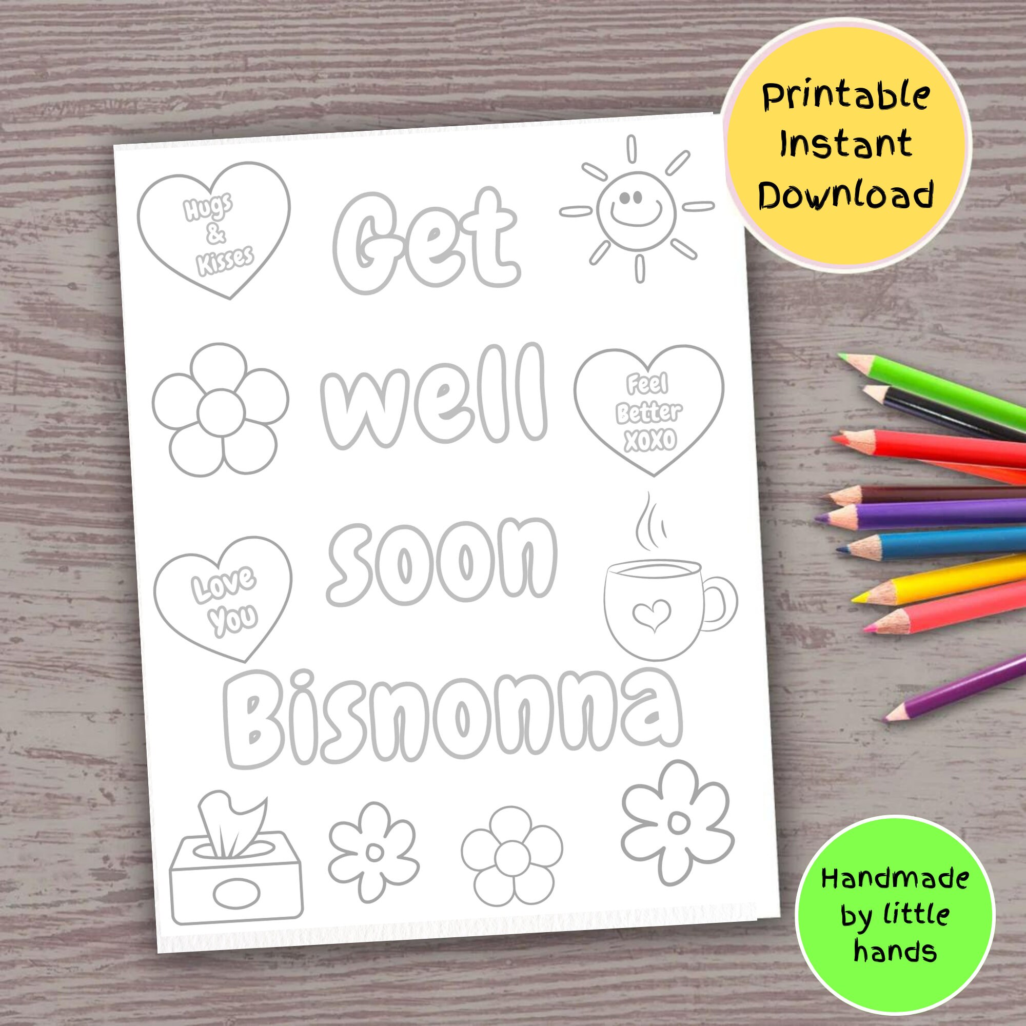 Get Well Soon Bisnonna coloring page for kids, handmade card from  grandkids, diy gift from toddler preschool infant grandson granddaughter - Main Image