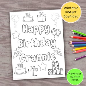 Joyeux anniversaire grand-mère à colorier pour les enfants, jolie carte d'anniversaire faite à la main, cadeau d'anniversaire bricolage de petits-enfants, petits-fils et petites-filles