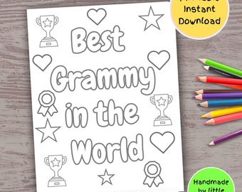 May include: A printable coloring page with the text "Best Grammy in the World". The page is decorated with stars, hearts, and trophies. The text "Printable Instant Download" appears in the top right corner. The text "Handmade by little hands" appears in the bottom right corner.