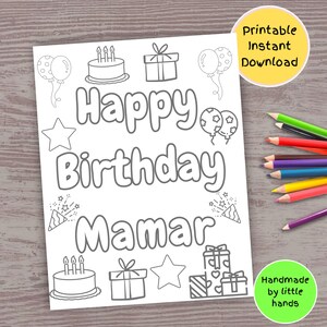 Page de coloriage imprimable de joyeux anniversaire Mamar pour des enfants, activité d'art d'enfants d'âge préscolaire de tout-petit, cadeau fait main mignon de carte de petits-enfants