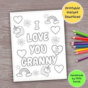 Te amo abuela, página para colorear imprimible para niños, unicornio arcoíris, actividad artística, tarjeta de cumpleaños hecha a mano, regalo para el día de la madre, día de los abuelos