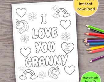 I love you Granny printable coloring page for kids rainbow unicorn art activity diy handmade birthday card mothers day grandparents day gift