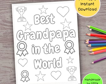 May include: A printable colouring page with the text "Best Grandpa in the World" surrounded by stars, hearts, trophies, and ribbons. The text "Printable Instant Download" and "Handmade by little hands" are also included.