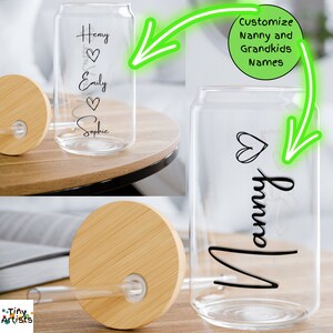 Personalized Nanny glass tumbler cup with straw bamboo wood lid grandkids names, Unique customized  mothers day birthday Christmas gift idea