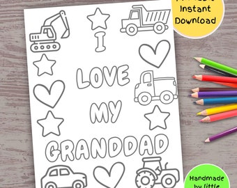 Amo a mi abuelo, página para colorear imprimible para niños, actividad de manualidades con auto, camión, tractor, excavadora, tarjeta de cumpleaños hecha a mano, regalo para el día del padre