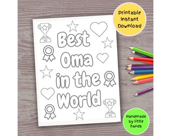 Op de afbeelding: Printbare kleurplaat met de tekst "Best Oma in the World" omringd door sterren, harten en trofeeën. De pagina is klaar om in te kleuren.