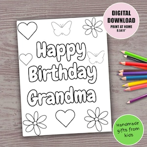 Feliz aniversário, avó, página para colorir para crianças, página para colorir, bonito, faça você mesmo, cartão feito à mão, presente para avó, neto, neta