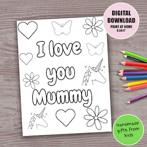 Folha para colorir para imprimir Eu te amo, mamãe, para crianças Linda unicórnio, borboleta, página para colorir, feito à mão, cartão diy, presente para múmia do filho e filha
