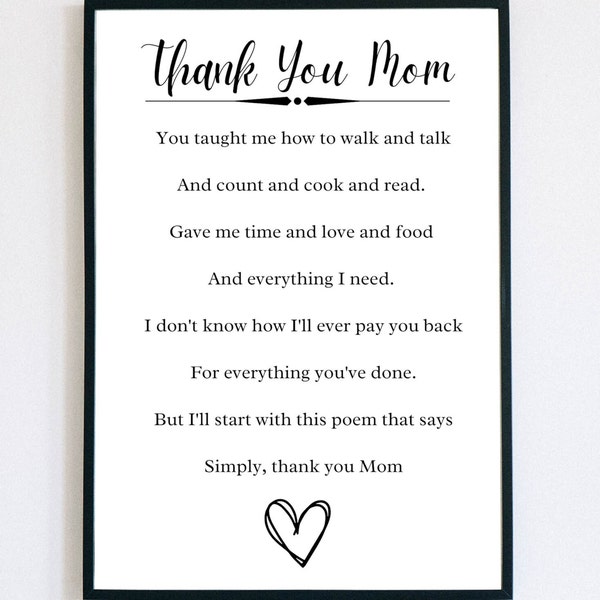 Thank You Mom Poem printable thanks gift for Mom Mother Birthday Wedding Xmas gift from Son from Daughter from Kids from Bride from Groom