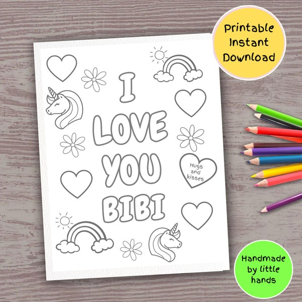 I love you Bibi Coloring sheet for kids art craft activity mothers day grandparents day diy handmade card gift from grandson granddaughter